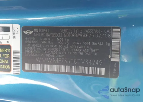2008 Mini Cooper S S z USA, uszkodzony, nr VIN WMWMF73508TV34249